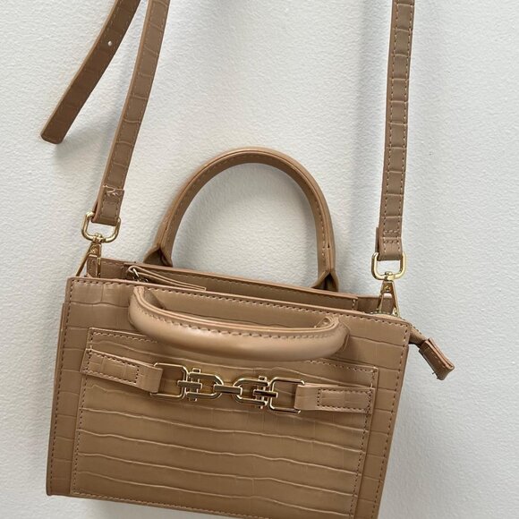 Beige Croc-Embossed Structured Satchel with Gold Hardware - Picture 6 of 6